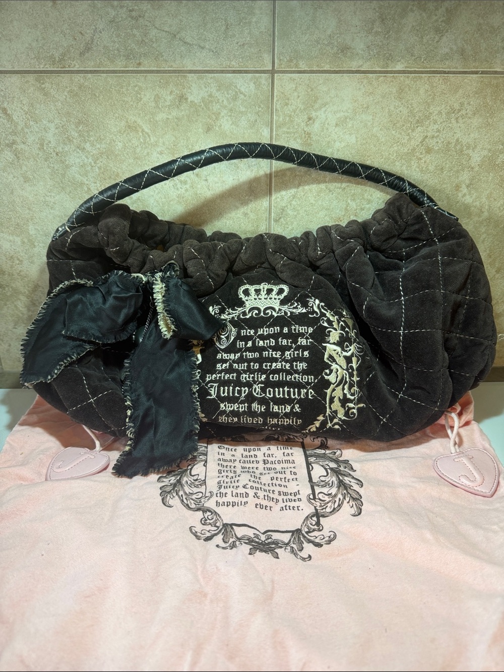 Vintage Juicy Couture grey quilted Y2K bag with black handle & satin bow